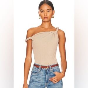 ATOIR tangled bodysuit sand beige ribbed modal off shoulder asymmetrical top